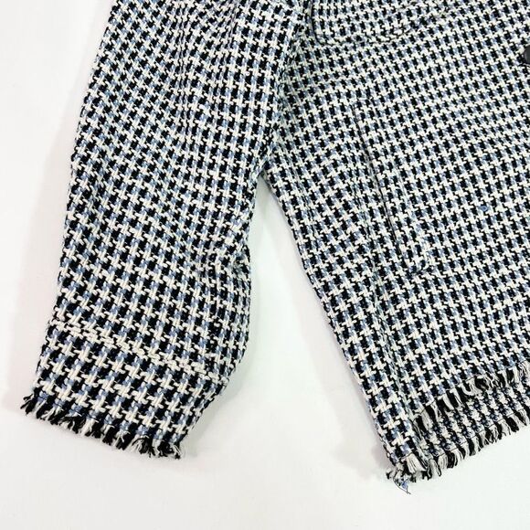 Zara Jacket Women's Medium Blue & White Button Down Houndstooth Raw Hemline - Picture 4 of 9